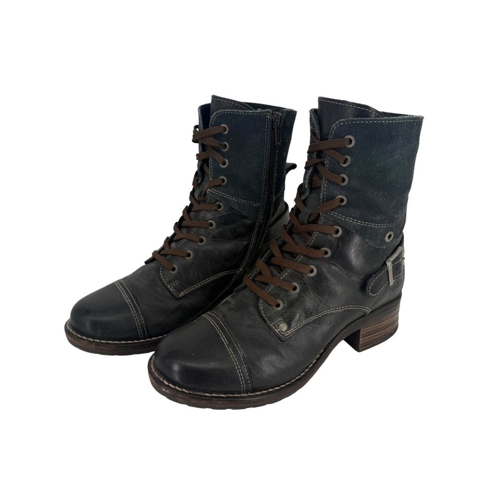 Taos Crave Black Leather Suede Combat Boots EU 38 7-7.5 Side Zip Lace Up Cap Toe - Picture 2 of 10